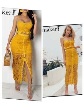 Yellow Lace Two-Piece Skirt Set